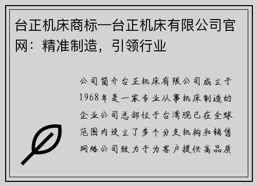 台正机床商标—台正机床有限公司官网：精准制造，引领行业